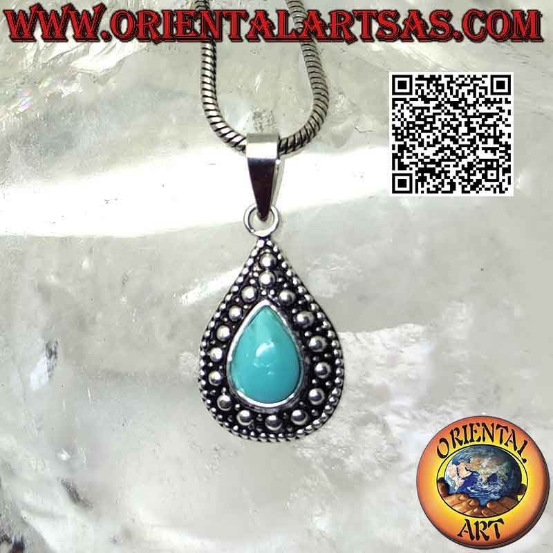 Silver pendant with teardrop turquoise and embossed ball decoration