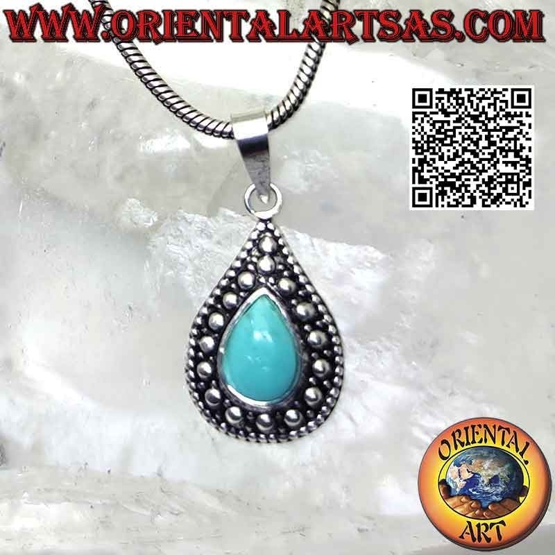 Pendentif en argent avec turquoise en forme de larme et décor de boule en relief