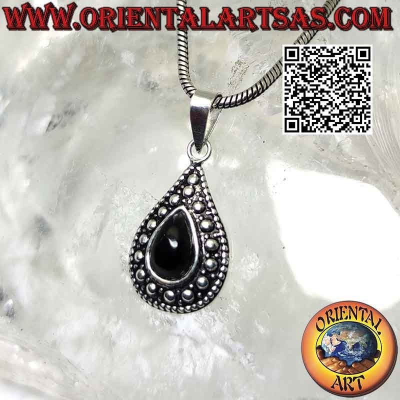 Pendentif en argent avec onyx en forme de larme et décor de boule en relief