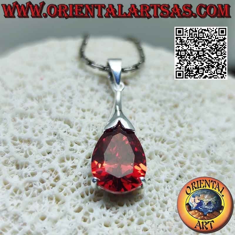Silver pendant with oval faceted garnet and elongated hook
