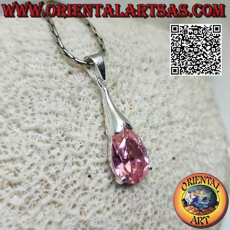 Silver pendant with oval French pink zircon with elongated hook