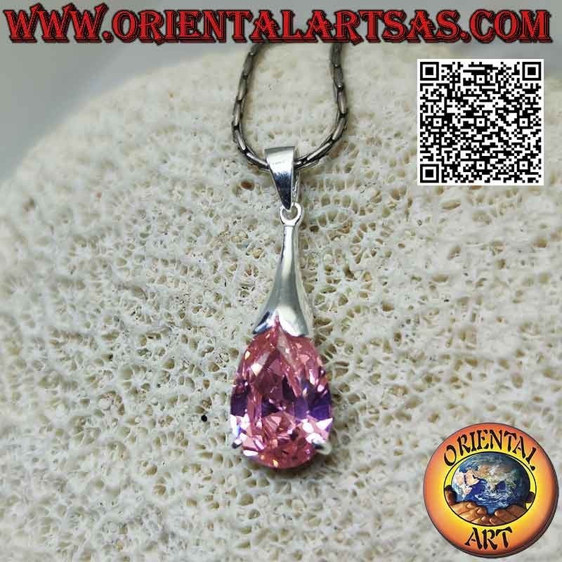 Colgante de plata con circonita rosa francesa ovalada con gancho alargado