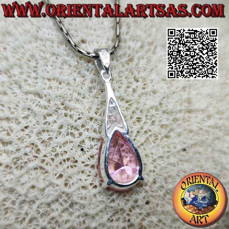Silver pendant with oval French pink zircon with elongated hook