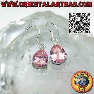Silver earrings with faceted drop-shaped pink cubic zirconia from France set in a smooth double setting