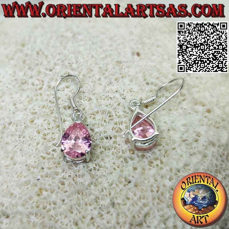 Pendientes de plata con circonita rosa facetada en forma de lágrima de Francia