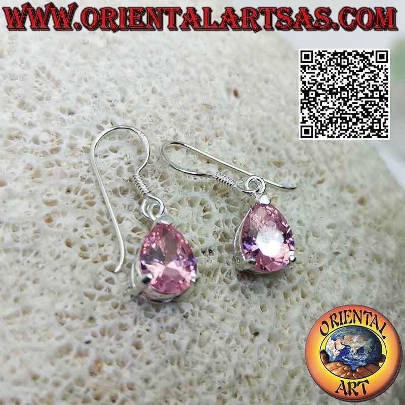 Pendientes de plata con circonita rosa facetada en forma de lágrima de Francia