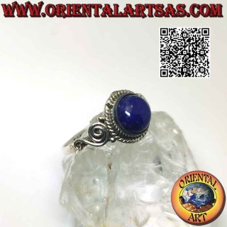 Silver ring with round lapis lazuli surrounded by spheres and spirals