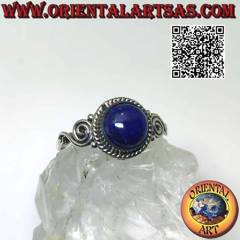 Silver ring with round lapis lazuli surrounded by spheres and spirals