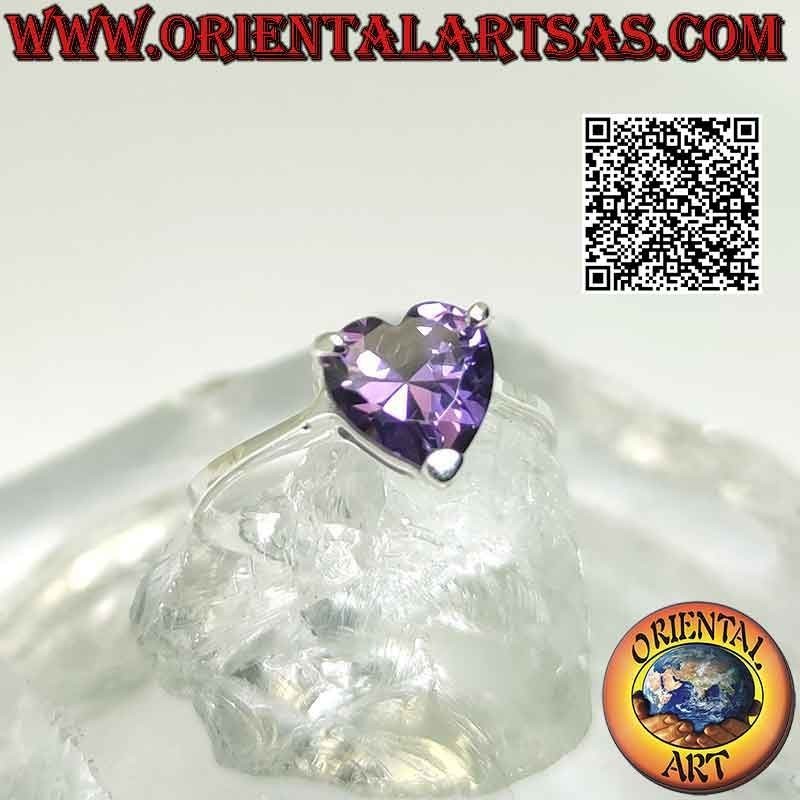 Anillo de plata rodiada con amatista corazón sintético engastado