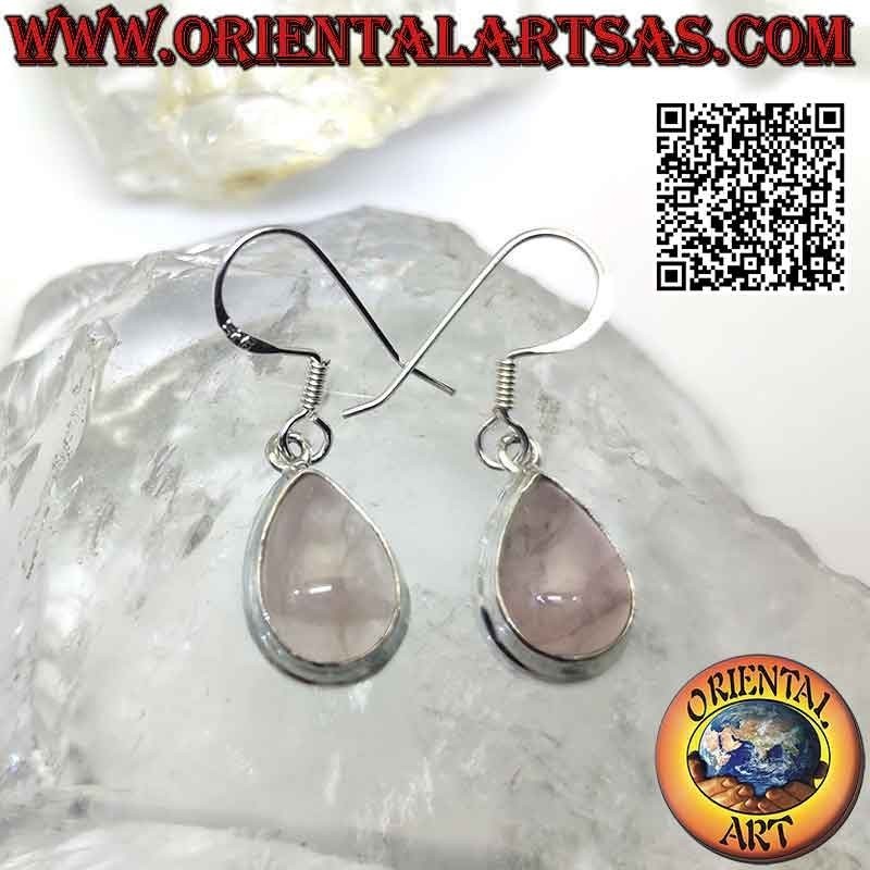 Orecchini in argento con quarzo rosa a goccia cabochon e bordo liscio