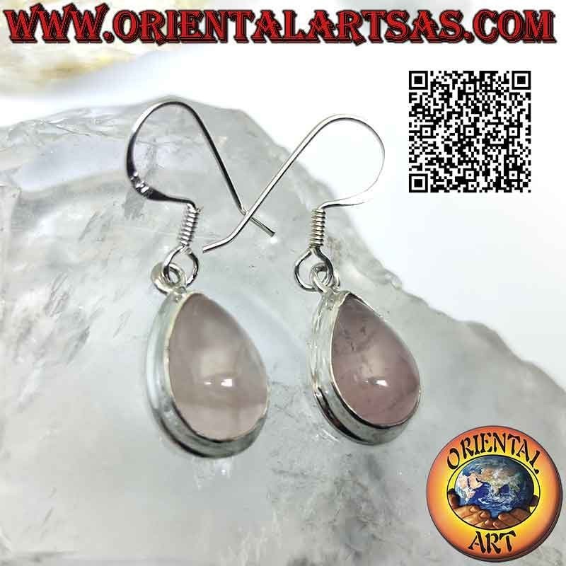 Orecchini in argento con quarzo rosa a goccia cabochon e bordo liscio