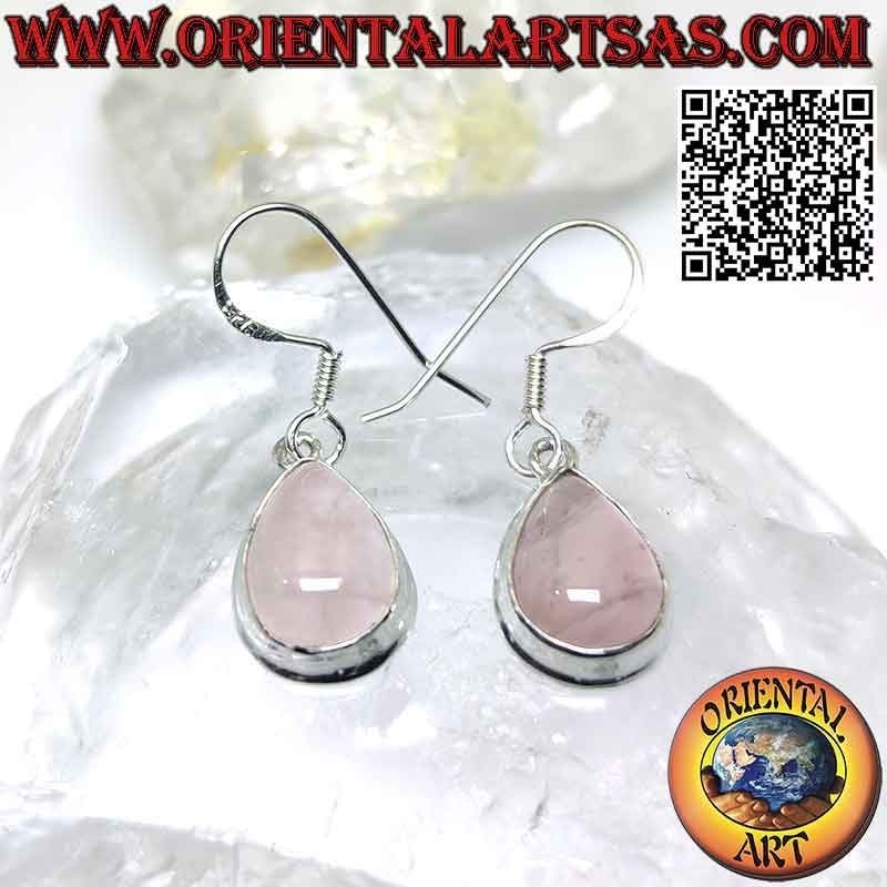 Orecchini in argento con quarzo rosa a goccia cabochon e bordo liscio