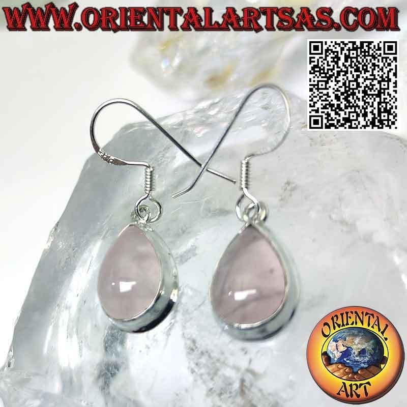 Silberne Ohrringe mit Cabochon-Tropfen aus Rosenquarz und glattem Rand
