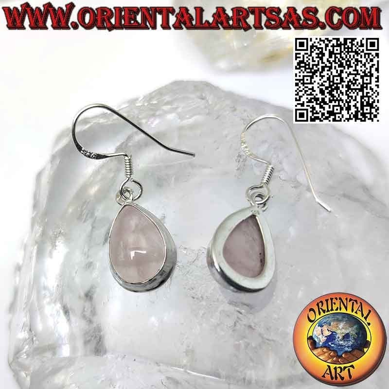 Silver earrings with cabochon drop rose quartz and smooth edge