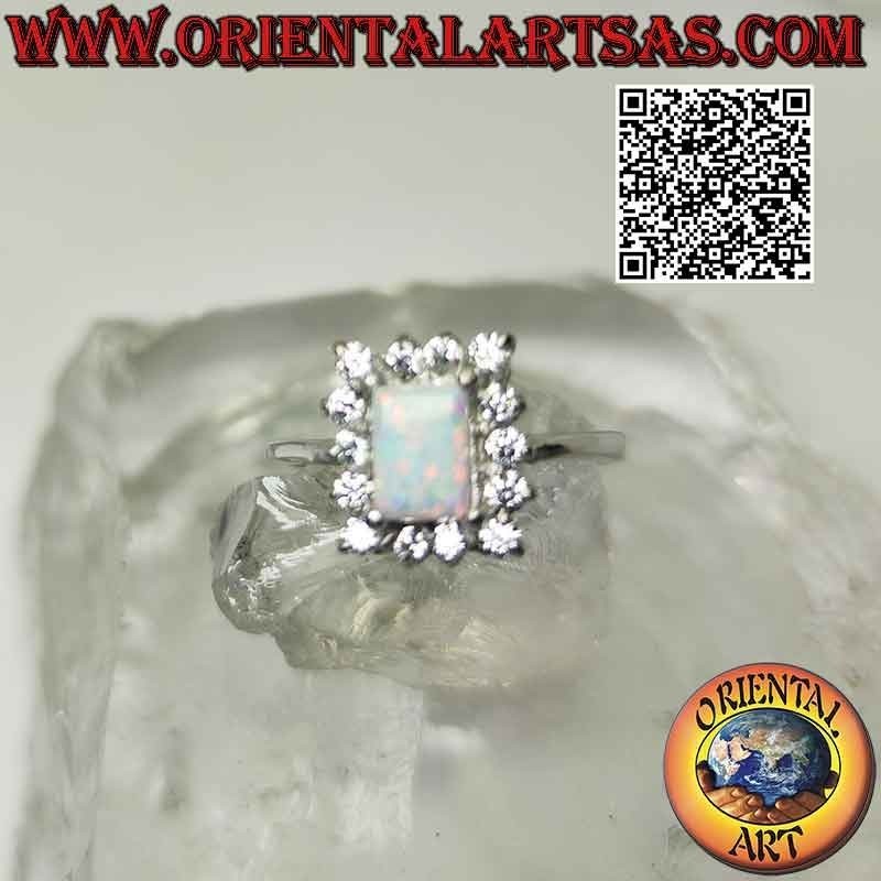 Silberring mit rechteckigem Harlekin-Opal und weißen Zirkonen