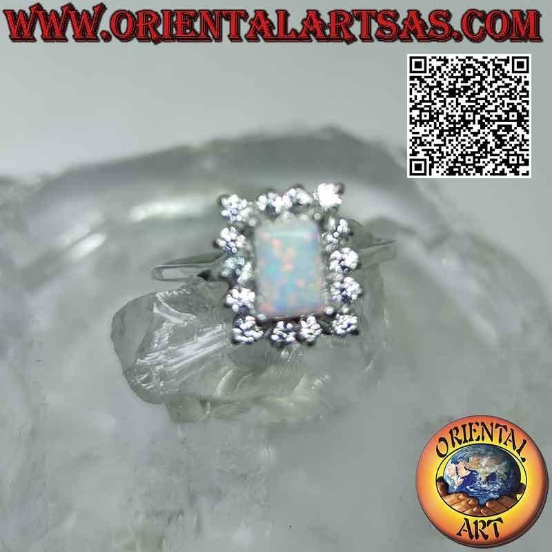 Silberring mit rechteckigem Harlekin-Opal und weißen Zirkonen