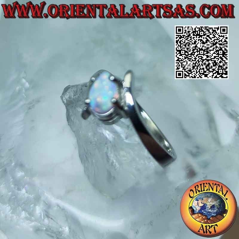 Anello in argento con opale arlecchino a goccia di traverso