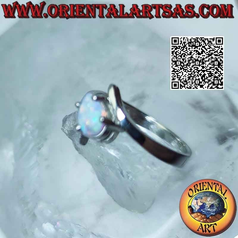 Anello in argento con opale arlecchino a goccia di traverso