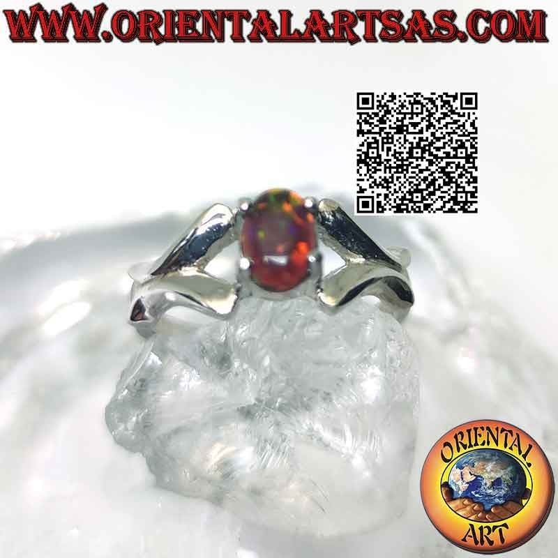 Silver ring with cabochon oval fire opal set