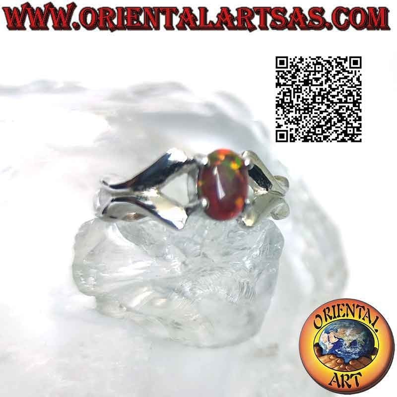 Silver ring with cabochon oval fire opal set