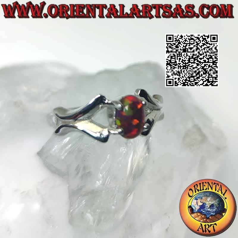 Silver ring with cabochon oval fire opal set