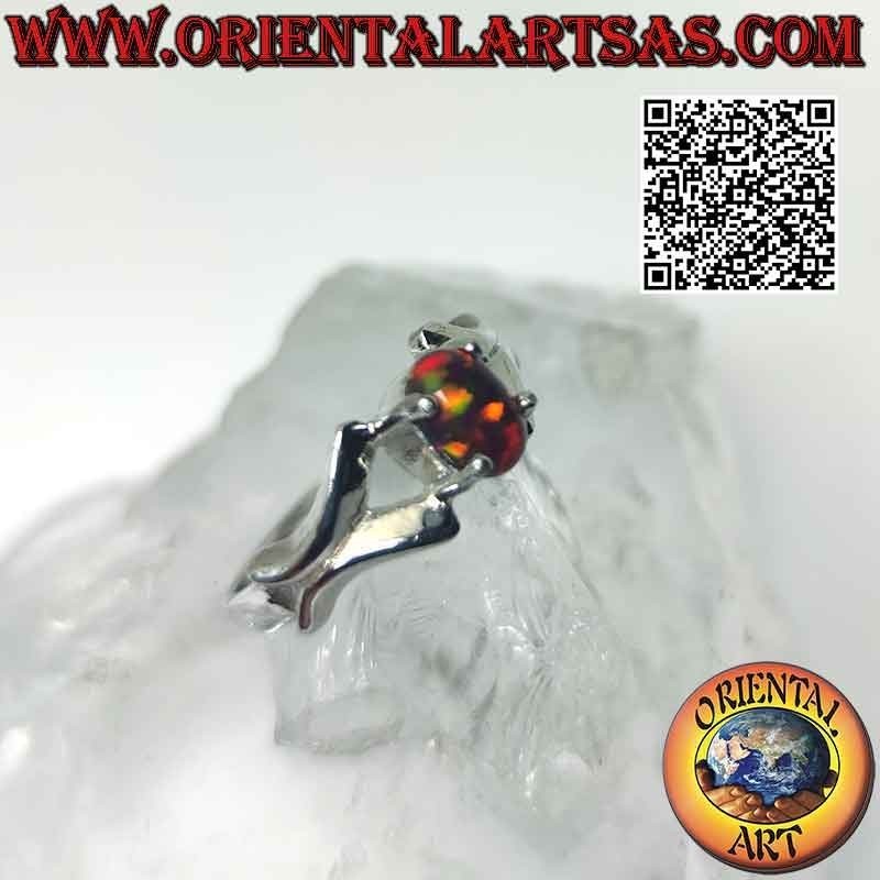 Silver ring with cabochon oval fire opal set