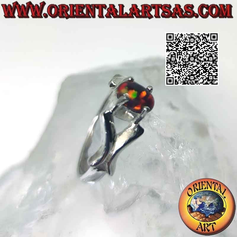 Bague en argent avec cabochon ovale opale de feu sertie