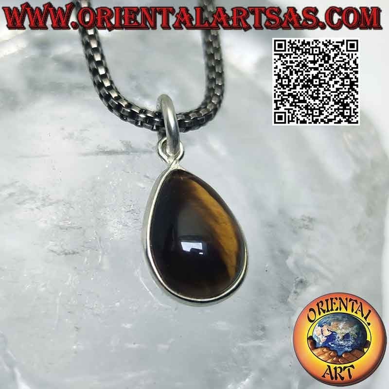 Pendentif goutte oeil de tigre et crochet argent 925‰