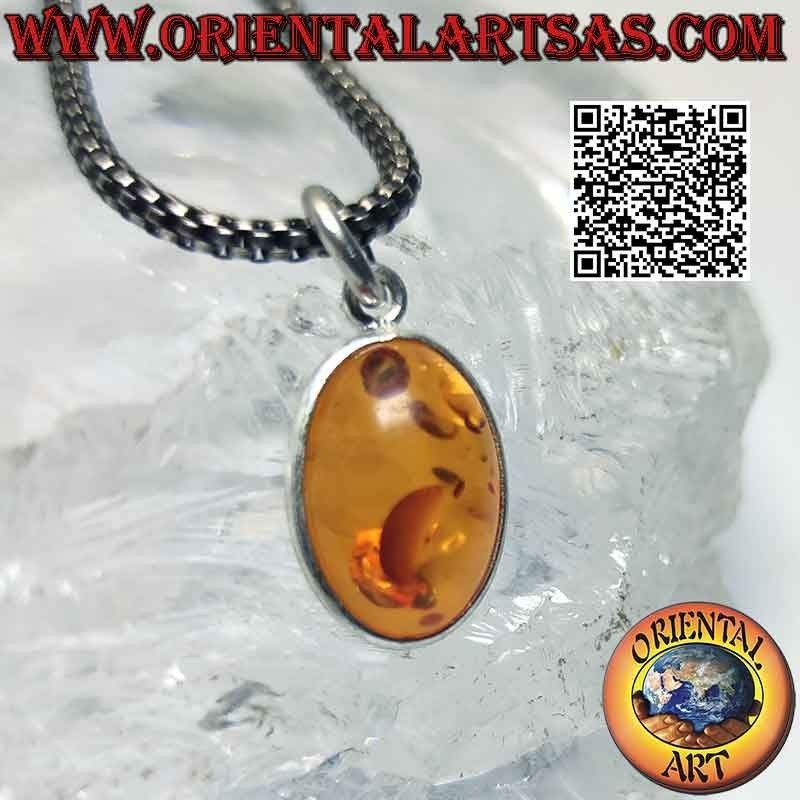 Oval natural Baltic amber pendant and 925 ‰ silver hook