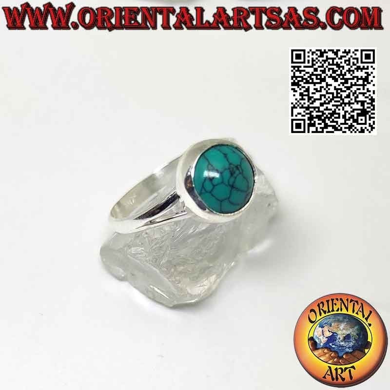 Anello in argento con turchese tondo cabochon a filo bordo liscio