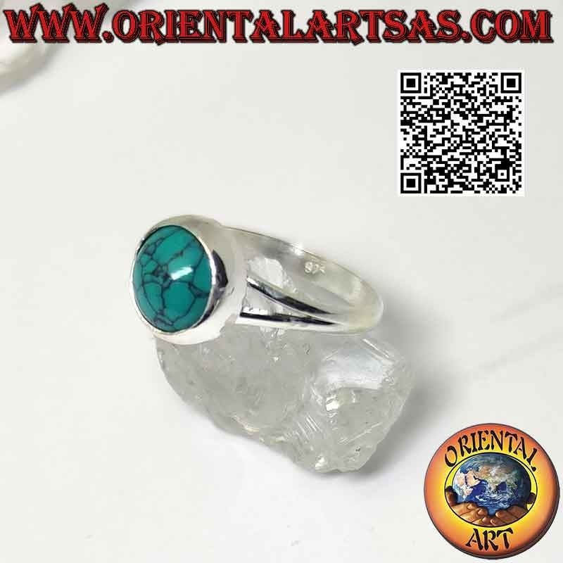 Bague en argent avec cabochon rond turquoise à bord lisse