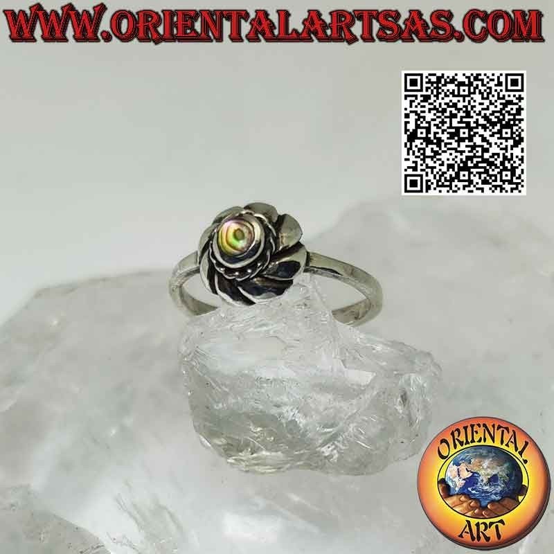 Bague en argent avec petite coquille ronde de paua (ormeau) au centre d'un vortex