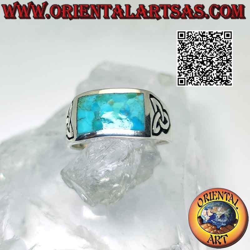 Silver ring with rectangular Arizona natural turquoise and triquetra or Tyrone knot on the sides