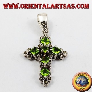 pendant, silver cross and marcassiti with six peridot