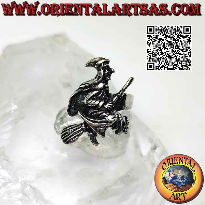 Silver ring, befana witch on flying broom in profile
