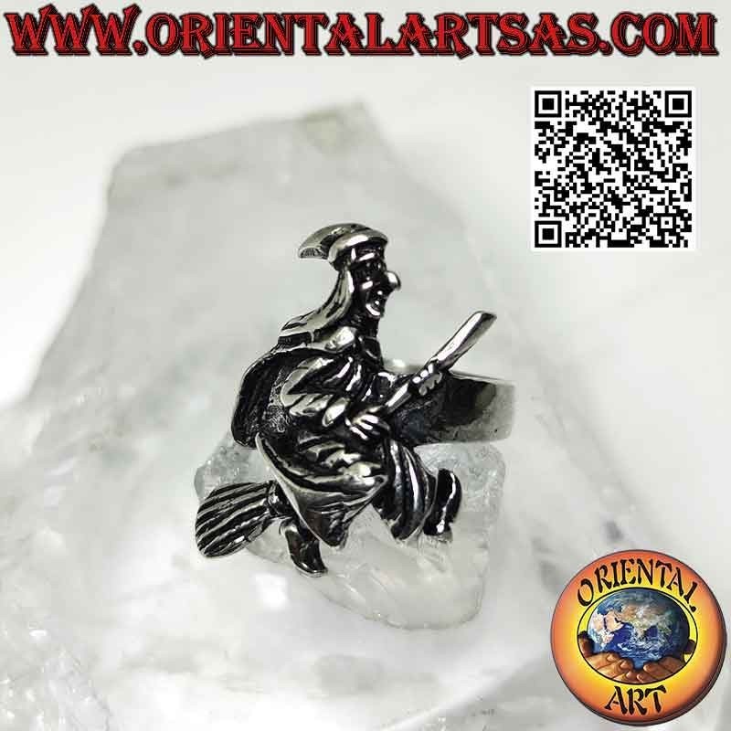 Silver ring, befana witch on flying broom in profile