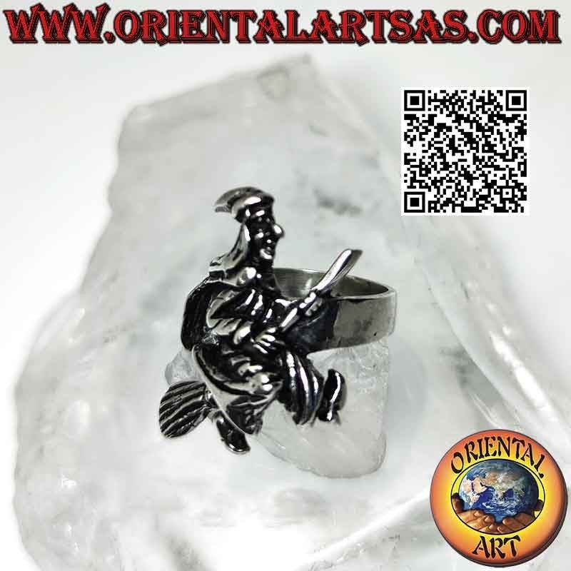 Silver ring, befana witch on flying broom in profile