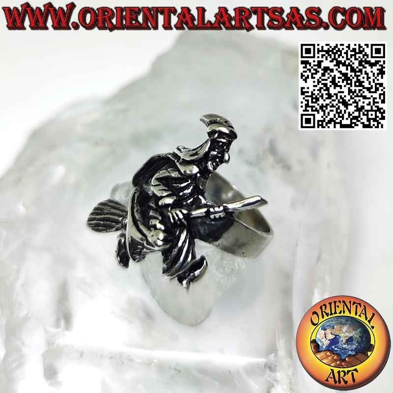 Silver ring, befana witch on flying broom in profile