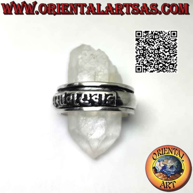 Silver ring with smooth antistress band with Tibetan mantra "OM MANI PADME HUM" in relief