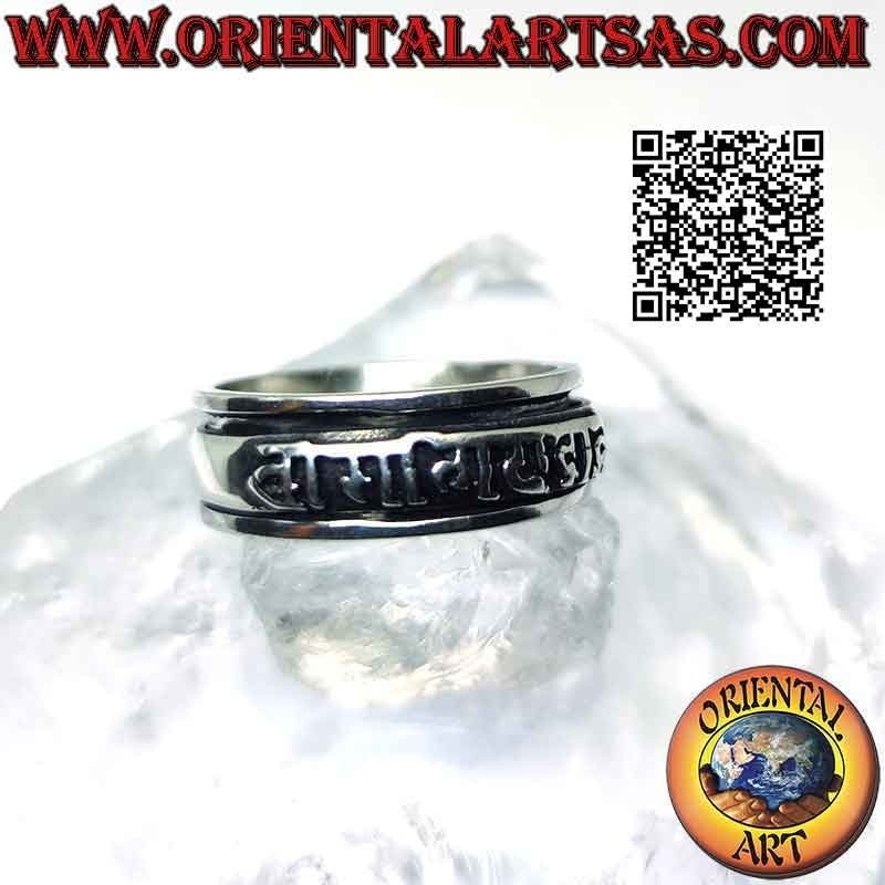 Anillo de plata con banda lisa antiestrés con mantra tibetano "OM MANI PADME HUM" en relieve