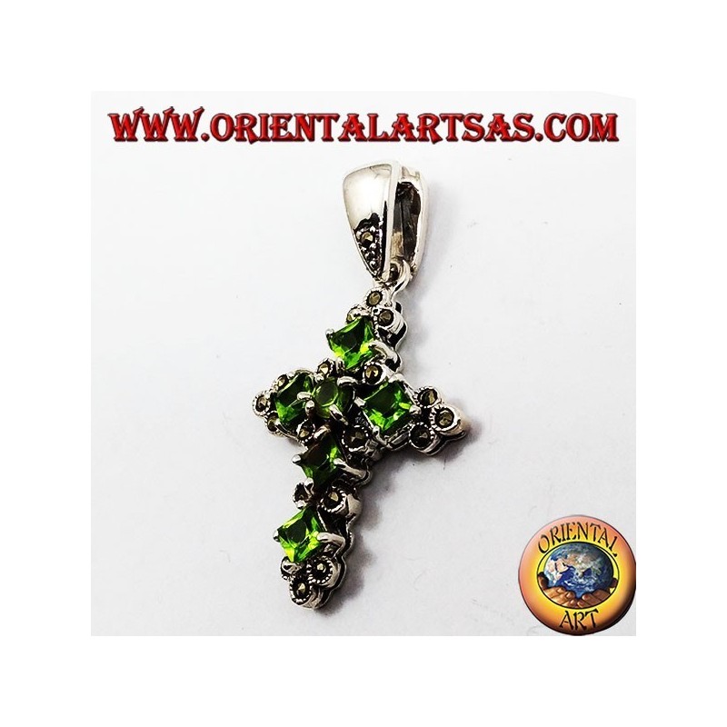 pendant, silver cross and marcassiti with six peridot