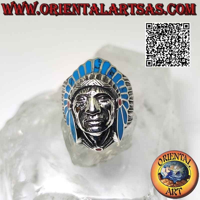 Anillo de cabeza de plata tallada de nativos americanos, tocado turquesa
