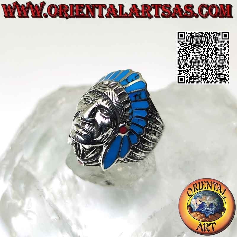 Anillo de cabeza de plata tallada de nativos americanos, tocado turquesa