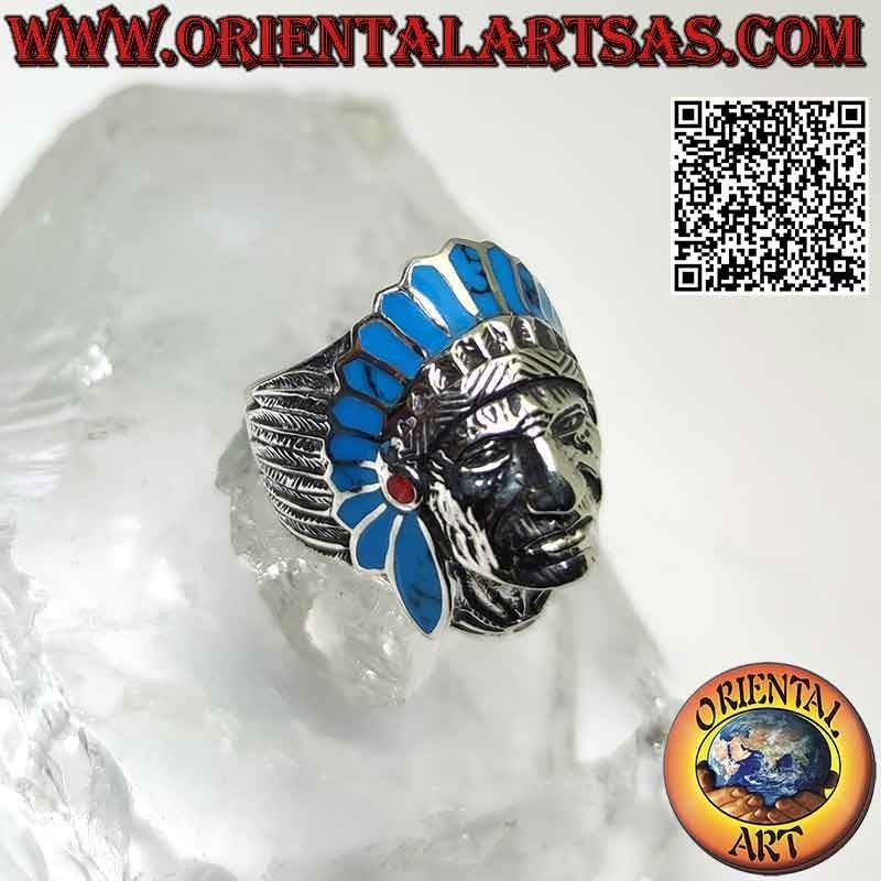 Anello d'argento testa nativo d'America  scolpito, copricapo turchese