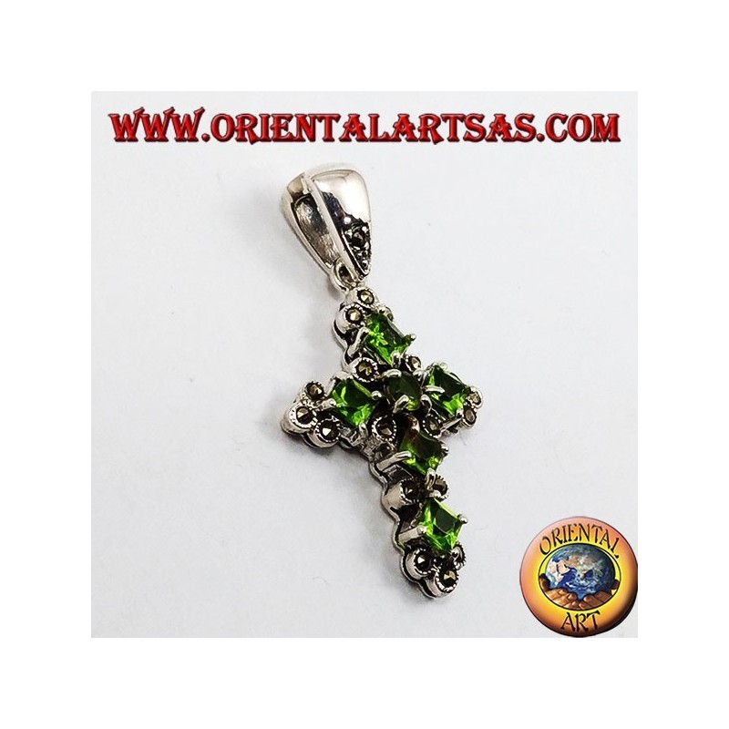 pendant, silver cross and marcassiti with six peridot