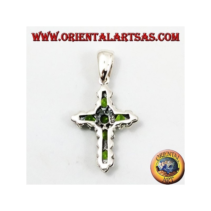 pendant, silver cross and marcassiti with six peridot