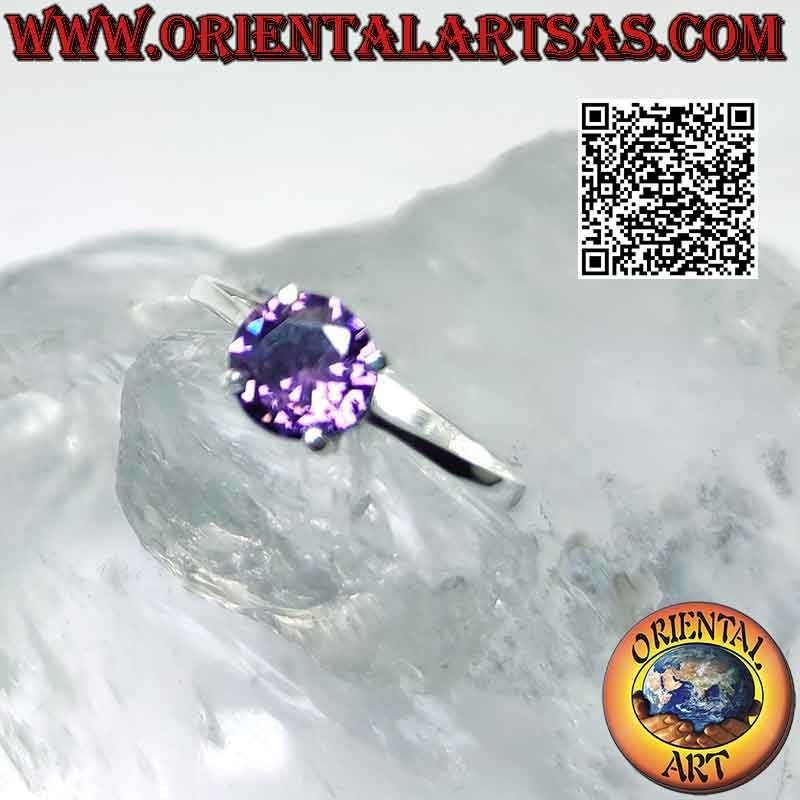 Silberring mit rundem Amethyst auf glatter Fassung