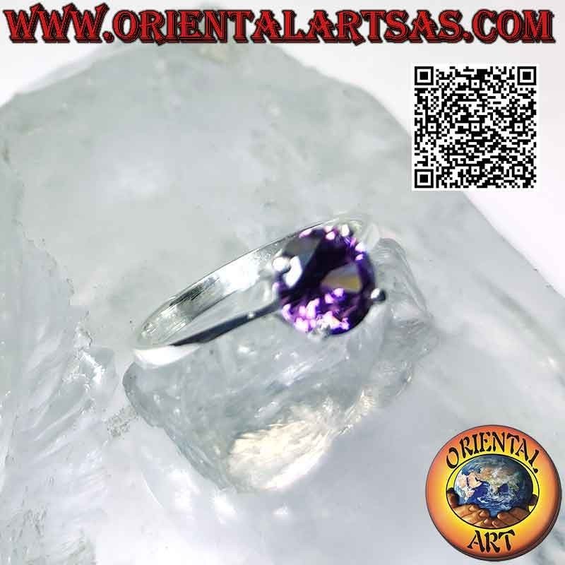 Silberring mit rundem Amethyst auf glatter Fassung