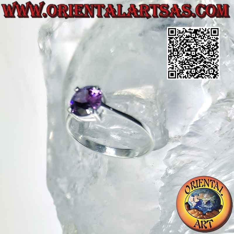 Silberring mit rundem Amethyst auf glatter Fassung