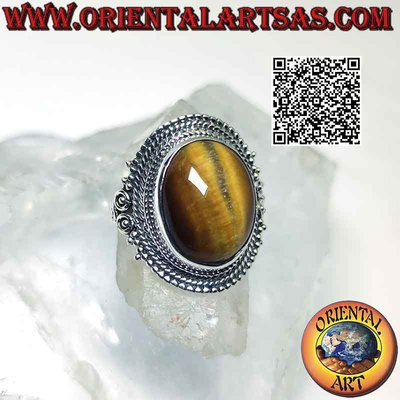Silver ring with large tiger eye and microspheres decoration